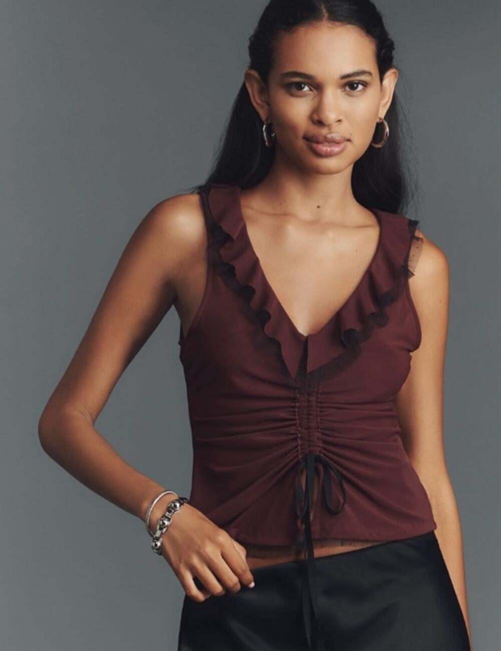 Anthropologie Maeve Tie-Front V-Neck Ruffle Ruched Top in Dried Plum M NWT $68